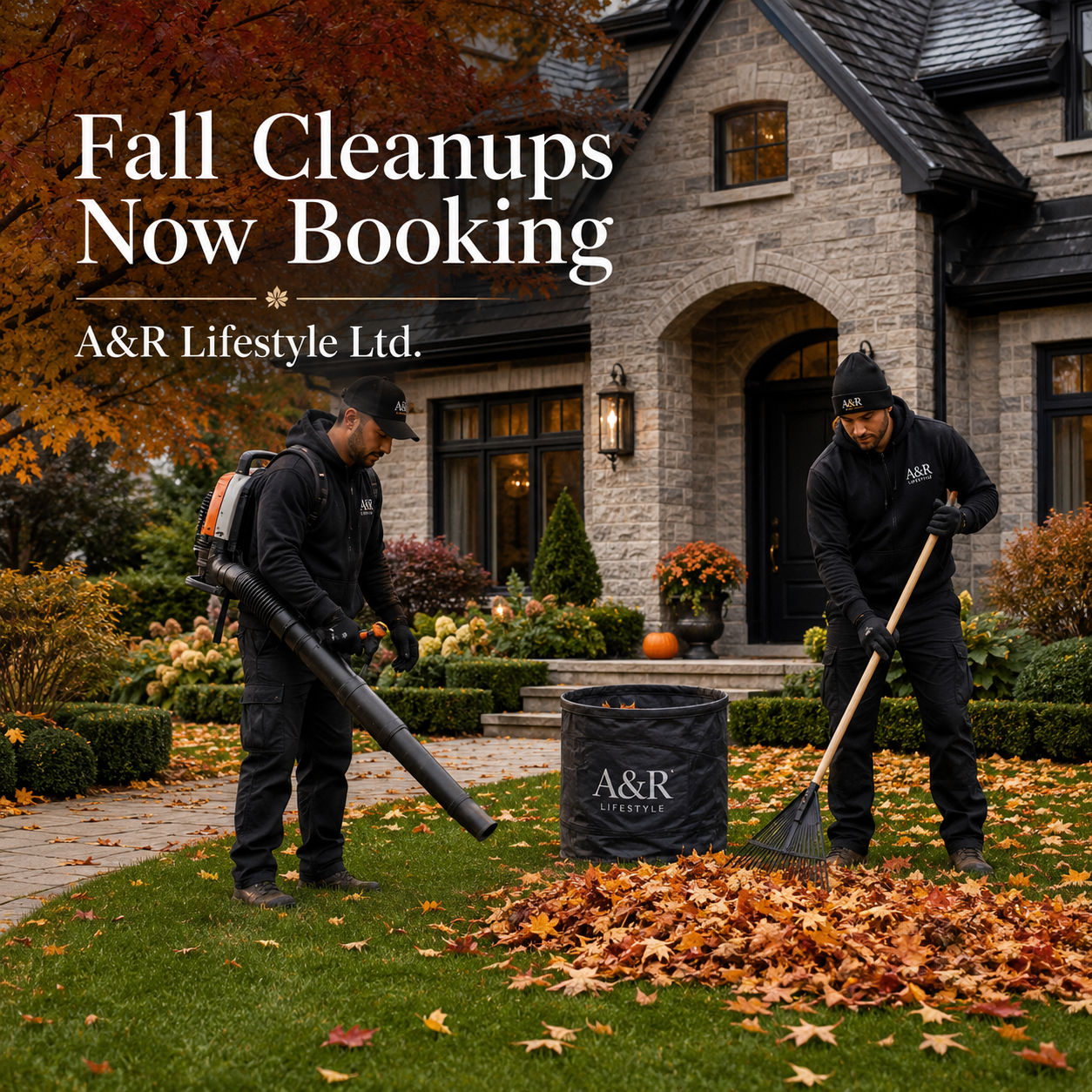A&R Lifestyle spring cleanup crew at a landscaped residential property