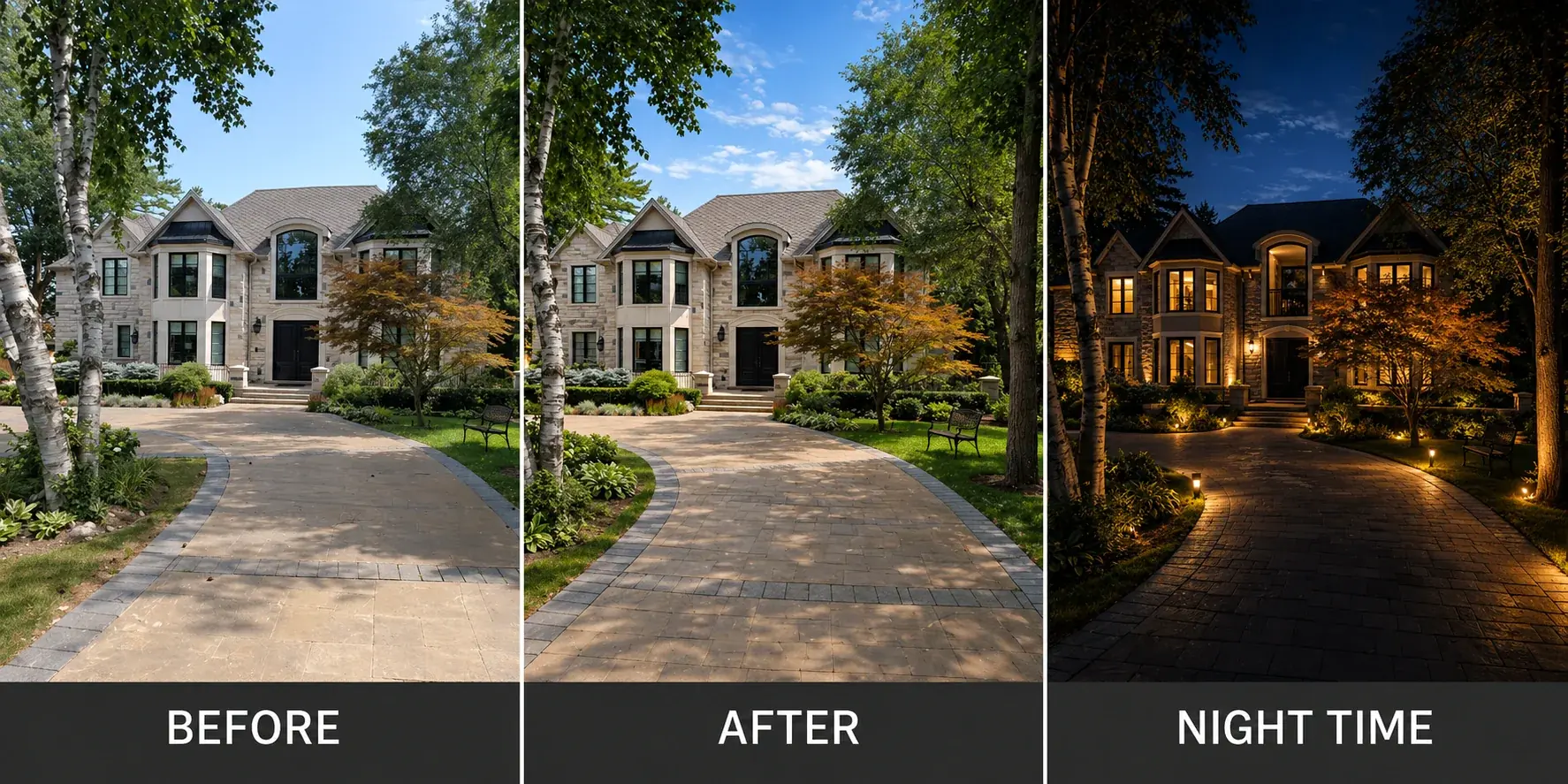 Before, after and nighttime comparison of a residential driveway landscape.
