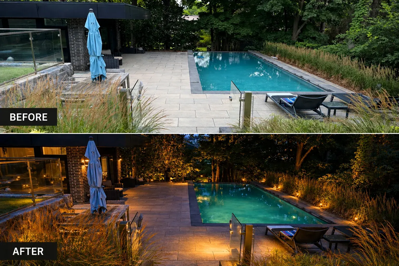 Before and after comparison of poolside landscape lighting.